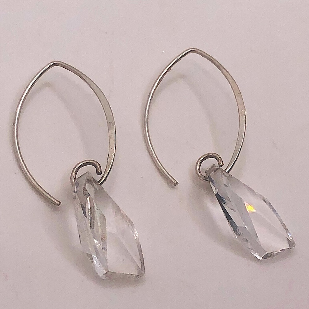Sterling Crystal Drop Curved Wire Post Earrings Facet Cut 2”
